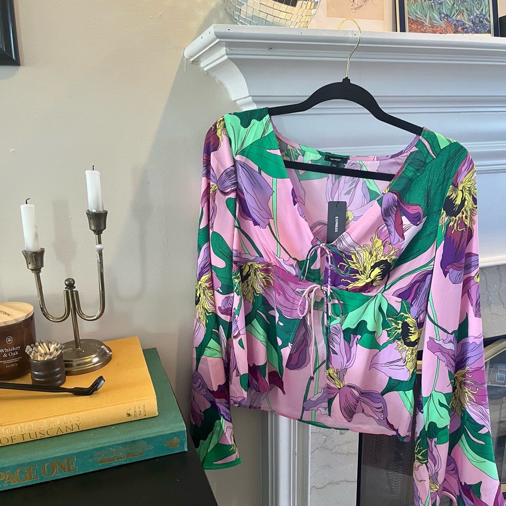 Express Floral Lace-Up Blouse in Pink and Green
